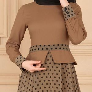 Long sleeve maxi dress dots brown chiffon 14US